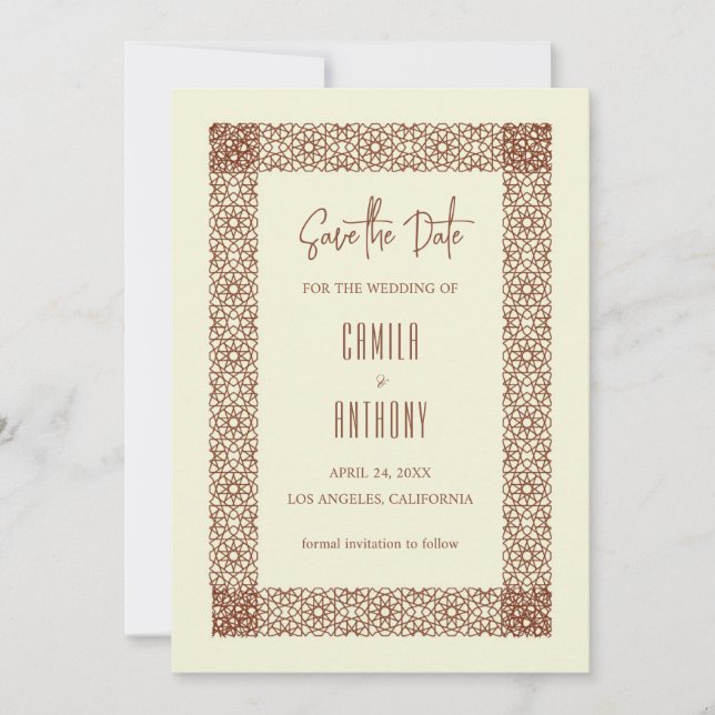 Beige Brown Islamic Geometric Two Border Wedding Invitation (Front)