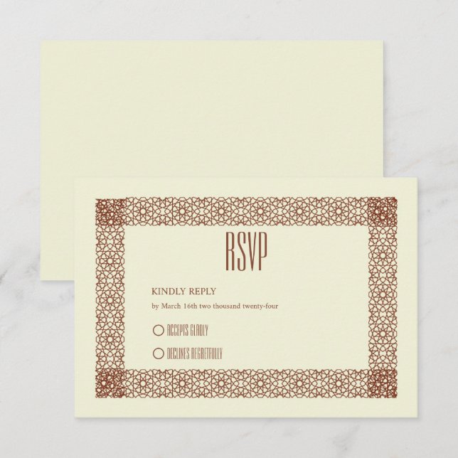 Beige Brown Islamic Geometric Two Border Wedding RSVP Card (Front/Back)