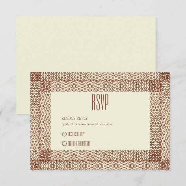 Beige Brown Islamic Geometric Two Border Wedding RSVP Card (Front/Back)