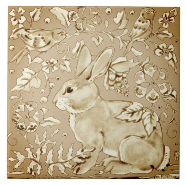 Beige Brown Ivory Bunny Rabbit Bird Floral Leaf Ceramic Tile (Front)