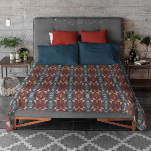 Beige Brown Maroon Red Dark Teal Blue Tribal Art Duvet Cover
