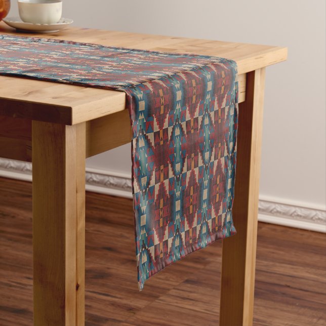 Beige Brown Maroon Red Dark Teal Blue Tribal Art Short Table Runner (In Situ)