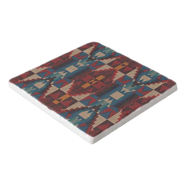 Beige Brown Maroon Red Dark Teal Blue Tribal Art Trivet (Corner)