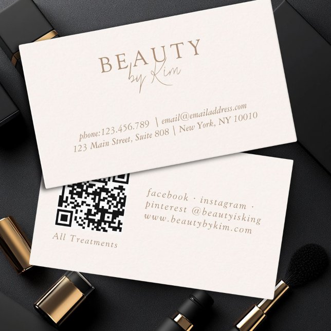 Beige & Brown  Minimal Elegant, Salon QR Code Business Card (Beige & Brown Minimal Elegant, Salon QR Code Business Card)