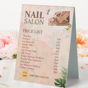 Beige Brown Nail Salon Price List - Editable Beaut Table Tent