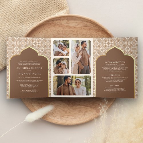 Beige Brown Pattern All in One Indian Wedding Tri_Fold Invitation