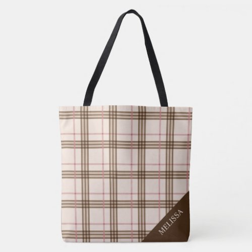 Beige brown pink red Tartan Plaid Scottish Tote Bag