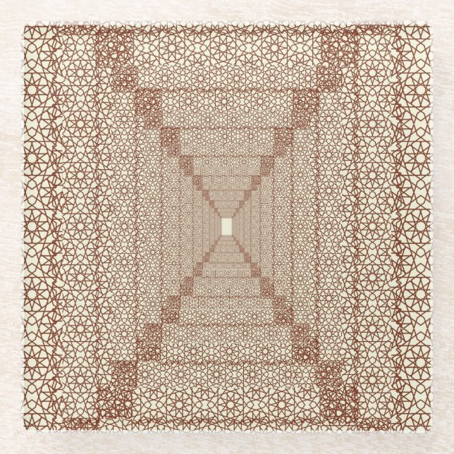 Beige Brown Rustic Islamic Geometric Single Border Glass Coaster (Front)