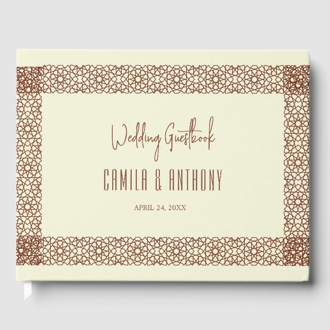 Beige Brown Rustic Islamic Geometric Single Border Guest Book (Front)