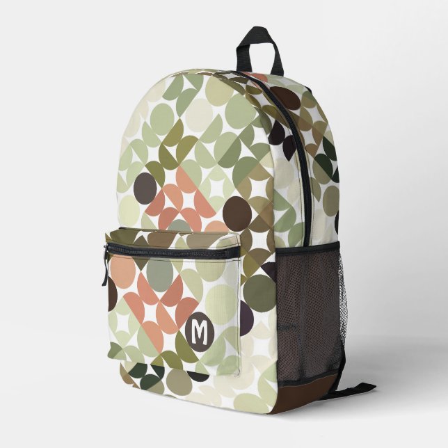 Beige Brown Sage Green Peach Orange Midcentury Art Printed Backpack (Back Corner Right)