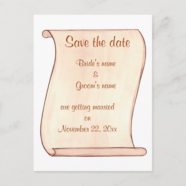 Beige Brown Scroll Save the date wedding postcards (Front)