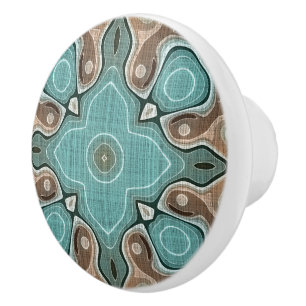 Beige Brown Seafoam Teal Green Ethnic Tribe Art Ceramic Knob