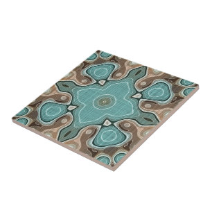 Beige Brown Seafoam Teal Green Ethnic Tribe Art Ceramic Tile