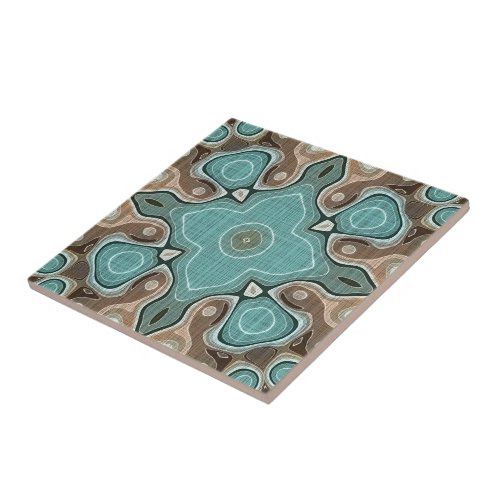 Beige Brown Seafoam Teal Green Ethnic Tribe Art Ceramic Tile