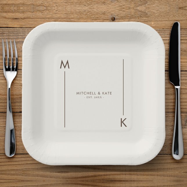 Beige Brown Simple Monogram Wedding Paper Plates (Beige Brown Simple Monogram Wedding Paper Plates)