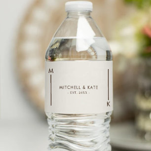 Beige Brown Simple Monogram Wedding Water Bottle Label