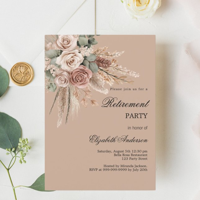Beige brown taupe roses pampas retirement party invitation (Creator Uploaded)