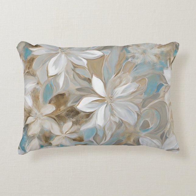 Beige Brown Teal Blue Floral Accent Pillow (Front)