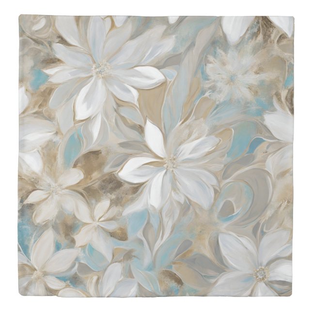 Beige Brown Teal Blue Floral Duvet Cover (Front)