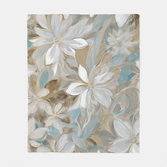 Beige Brown Teal Blue Floral Fleece Blanket (Front)