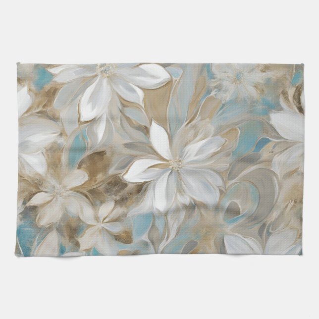 Beige Brown Teal Blue Floral Kitchen Towel (Horizontal)