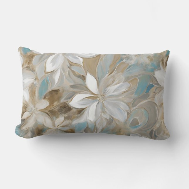 Beige Brown Teal Blue Floral Lumbar Pillow (Front)