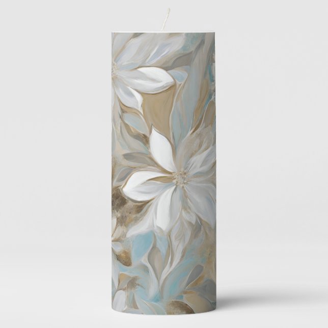 Beige Brown Teal Blue Floral Pillar Candle (Front)