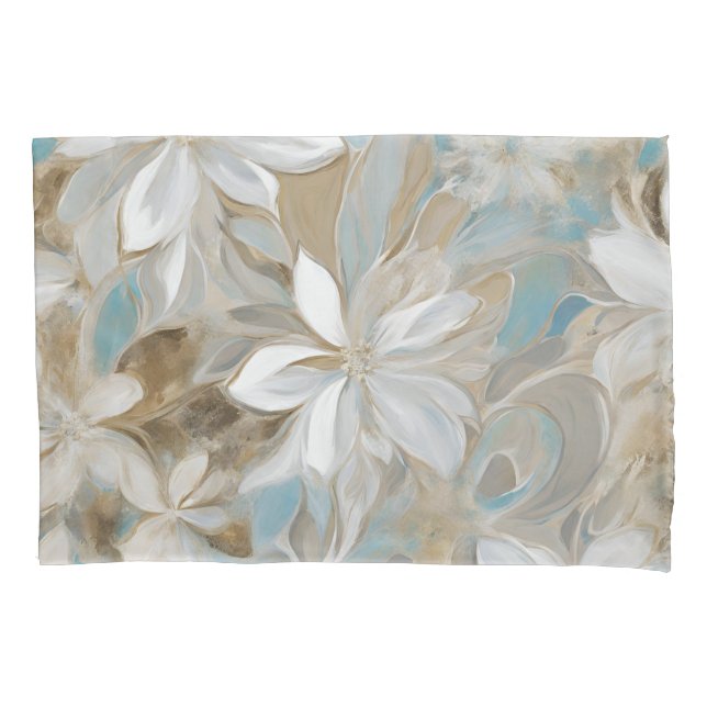 Beige Brown Teal Blue Floral Pillow Case (Front)
