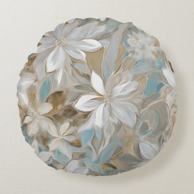 Beige Brown Teal Blue Floral Round Pillow (Front)