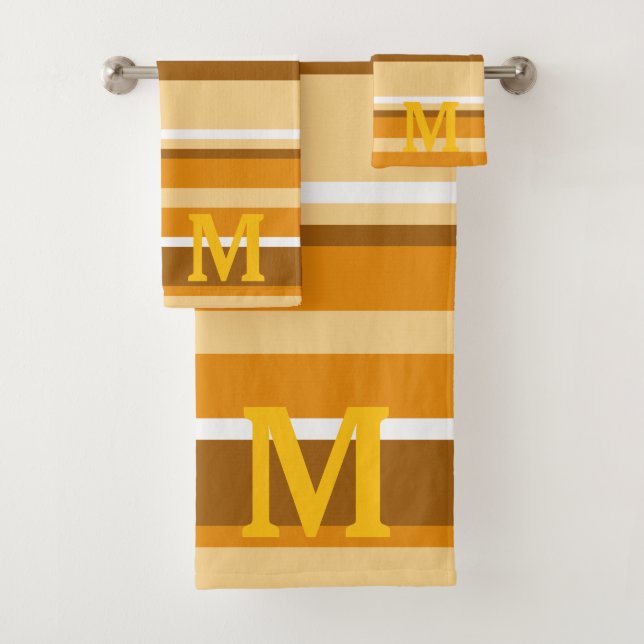  beige brown &white stripes monogram bath towel set (Insitu)