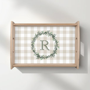 Beige Buffalo Check Botanical Wreath Initial Wood Serving Tray
