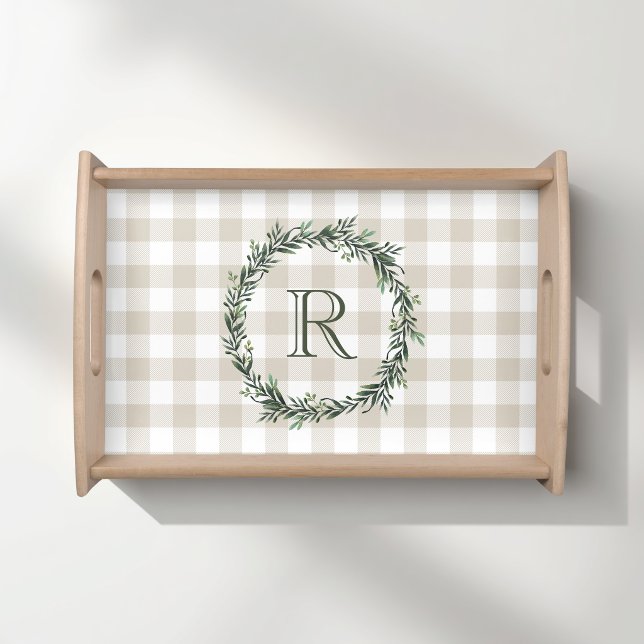 Beige Buffalo Check Botanical Wreath Initial Wood Serving Tray (Creator Uploaded)