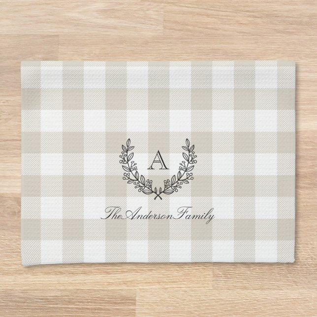 Beige Buffalo Check Laurel Wreath Family Monogram Kitchen Towel (Creator Uploaded)