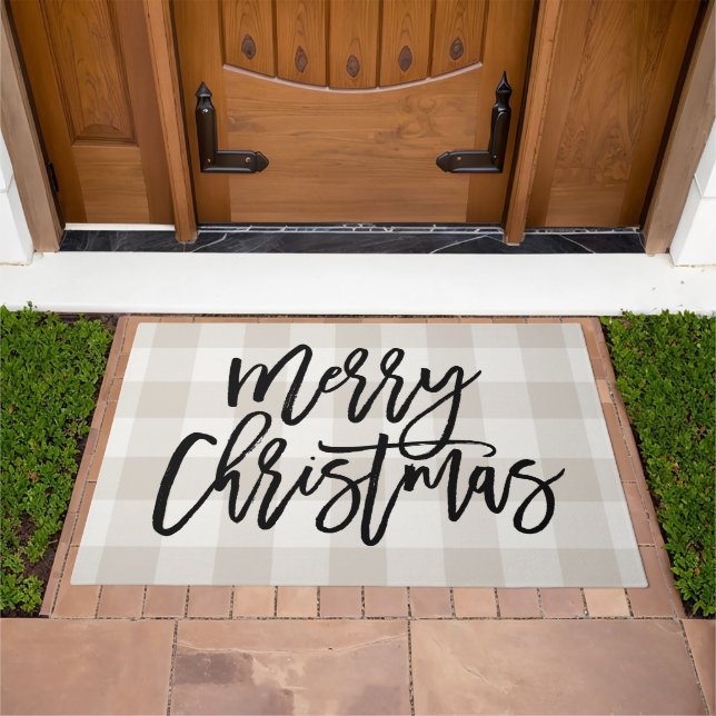 Beige Buffalo Check Merry Christmas | Holiday Doormat (Outdoor)