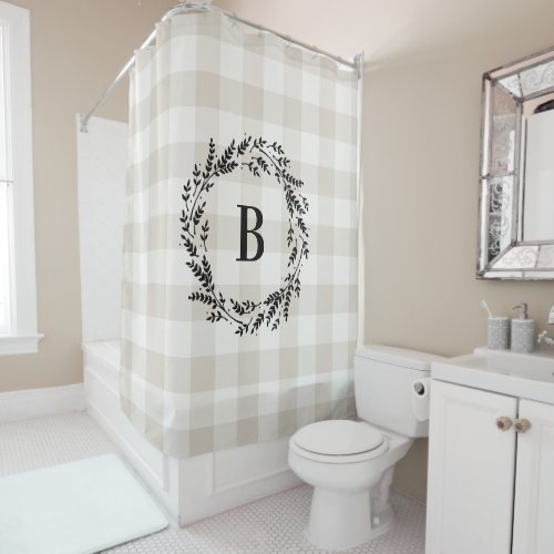 Beige Buffalo Check Monogram  Farmhouse Bathroom Shower Curtain