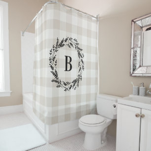Beige Buffalo Check Monogram Farmhouse Bathroom Shower Curtain