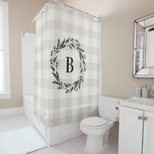 Girls Bathroom with Gray Buffalo Check Wallpaper - Cottage - Bathroom