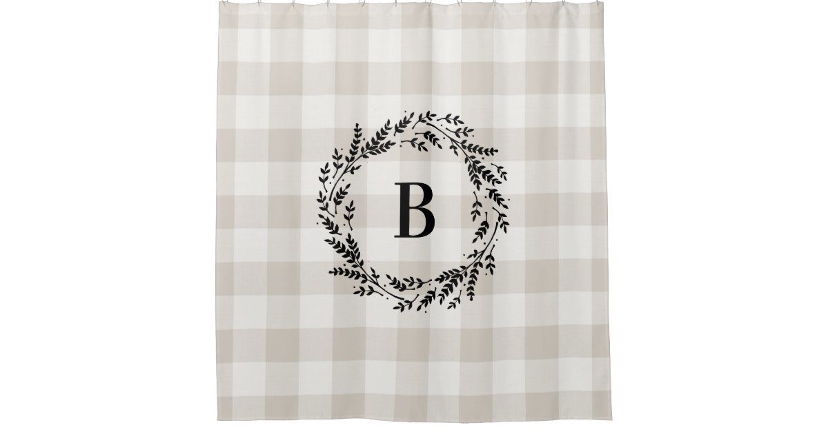 Beige Buffalo Check Monogram Farmhouse Bathroom Shower Curtain Zazzle Com Farmhouse Bathroom Shower Curtain, Farmhouse Shower Curtain