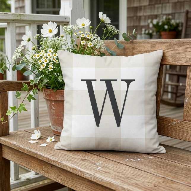 Beige Buffalo Check Monogram | Farmhouse Porch Outdoor Pillow (Creator Uploaded)