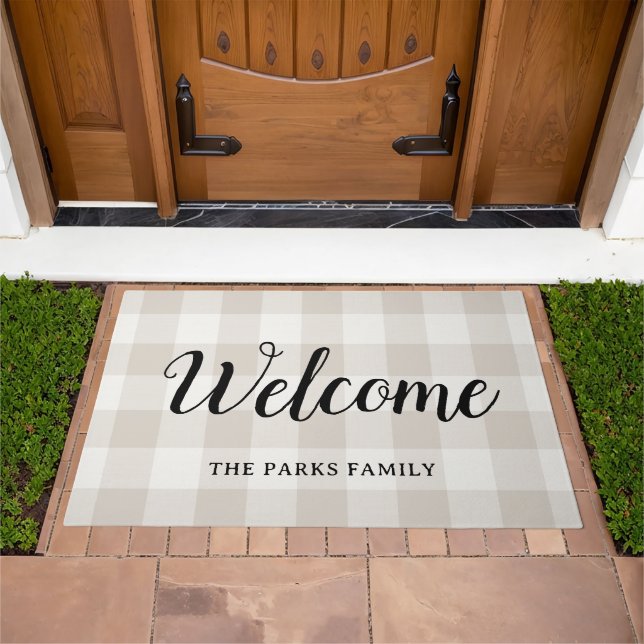 Beige Buffalo Check Monogram | Farmhouse Welcome Doormat (Outdoor)