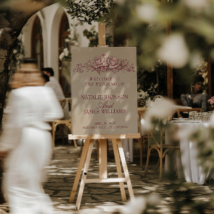 Beige Burgundy Floral Garden Wedding Welcome Sign
