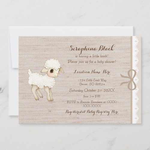 Beige Burlap Baby Sheep Little Lamb Baby Shower Invitation