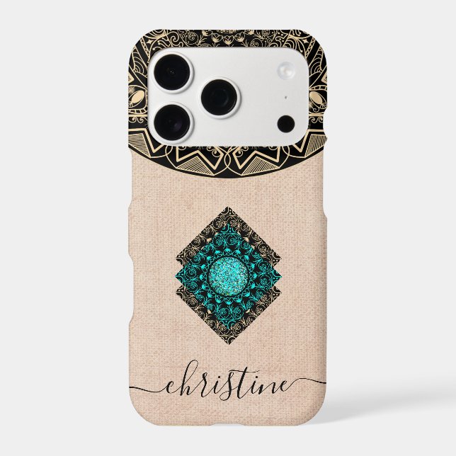 Beige burlap black gold mandala script name rustic iphone case (Back)