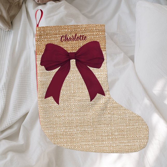 Beige burlap burgundy bow name  small christmas stocking (Creator Uploaded)