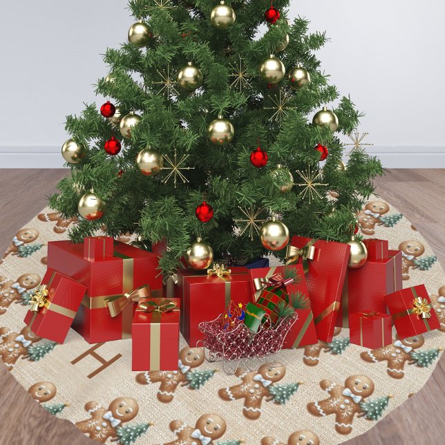 Beige burlap family monogram gingerbread man brushed polyester tree skirt (Creator Uploaded)