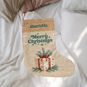 Beige burlap gift box name retro Merry Christmas Small Christmas Stocking