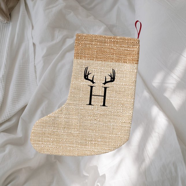 Beige burlap monogram antlers small christmas stocking (Creator Uploaded)
