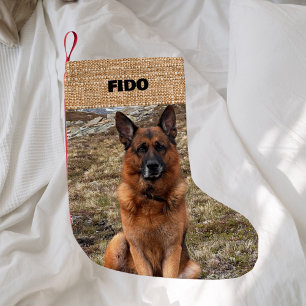 Beige burlap name photo modern small christmas stocking