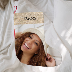 Beige burlap name photo modern small christmas stocking