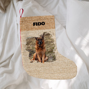 Beige burlap name photo modern small christmas stocking